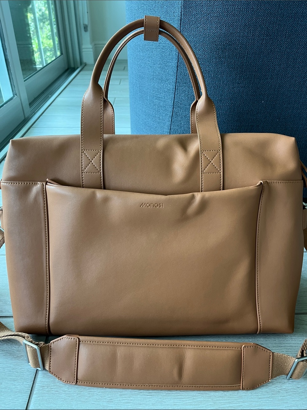 Monos Tan Leather Travel Bag with Shoulder Strap-Classic, Minimalist-Gorgeous!
